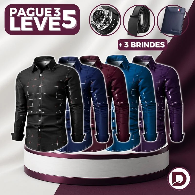 [PAGUE 3 LEVE 5] Camisa Manga Longa Casual European em Seda Gelo e Poliéster + BRINDES: Cinto, Carteira e Relógio