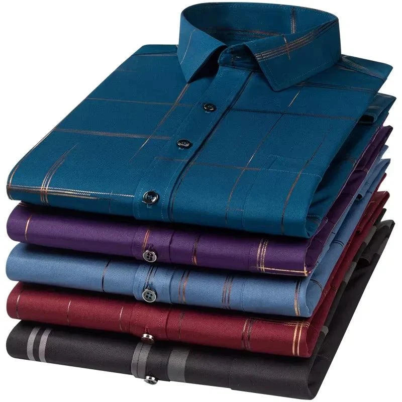 [PAGUE 3 LEVE 5] Camisa Manga Longa Casual European em Seda Gelo e Poliéster + BRINDES: Cinto, Carteira e Relógio