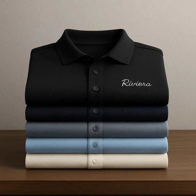 [Leve 5, Pague Só 3] Camisa Polo Riviero Masculina em Seda Natural de Amoreira, Poliéster e Rayon + 3 Bermudas e Relógio GRÁTIS